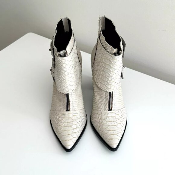 Women's TIBI Off White Snakeskin Leather Ankle Zip Buckle Boots (US 8.5) - Picture 1 of 14